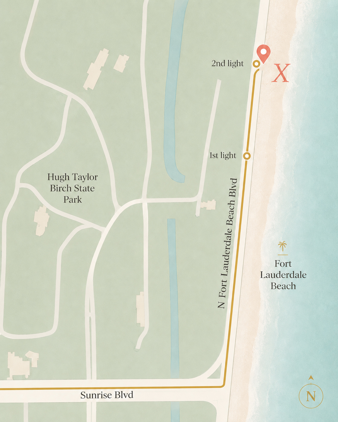 Map: turn north off Sunrise Blvd onto N Fort Lauderdale Beach Blvd, pass the 1st light, and turn in at the 2nd light